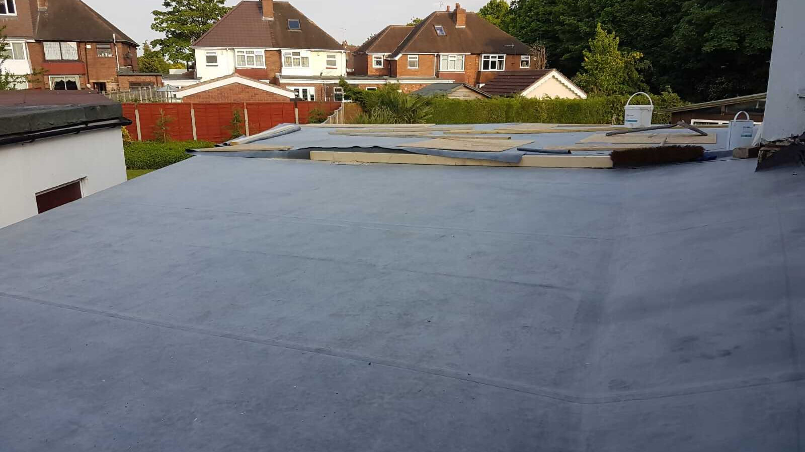 New grey EPDM rubber roof recently fitted on a house extension in Birmingham